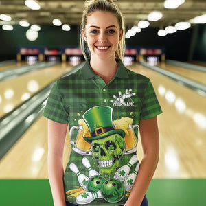 Custom Funny Saint Patricks Day Skull And Beer Bowling Womens Polo Shirt, Lucky Team Shirt IPHW8579