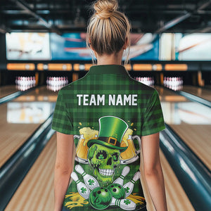 Custom Funny Saint Patricks Day Skull And Beer Bowling Womens Polo Shirt, Lucky Team Shirt IPHW8579