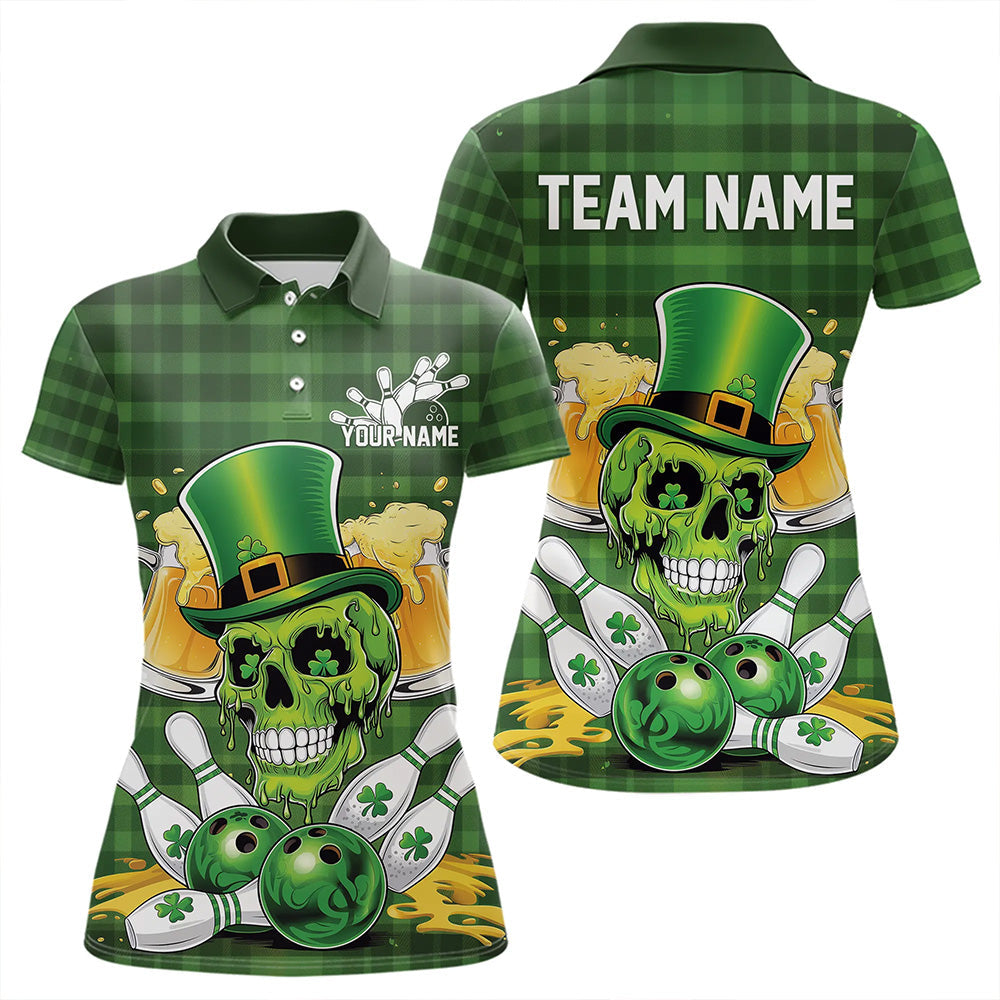 Custom Funny Saint Patricks Day Skull And Beer Bowling Womens Polo Shirt, Lucky Team Shirt IPHW8579