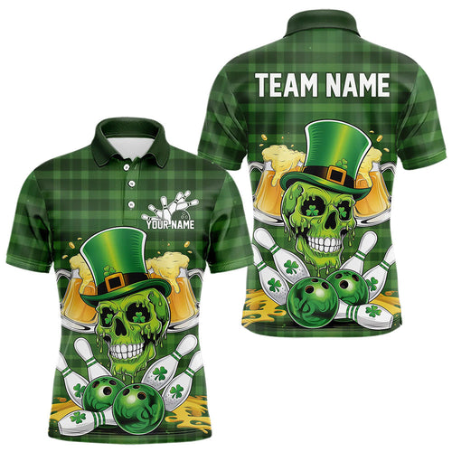 Custom Funny Saint Patricks Day Skull And Beer Bowling Polo Shirt For Men, Lucky Team Shirt IPHW8579