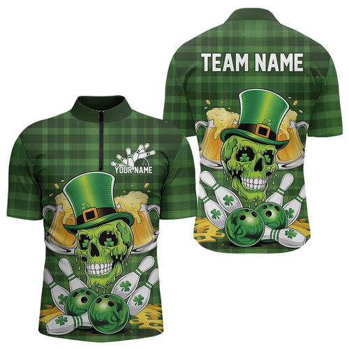 Custom Funny Saint Patricks Day Skull And Beer Bowling Quarter-Zip Shirt For Men, Lucky Team Shirt IPHW8579