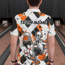 Load image into Gallery viewer, Custom Orange Argyle Pattern Funny Skeleton Bowling And Beer Men Polo Shirts, Team Outfit IPHW8893