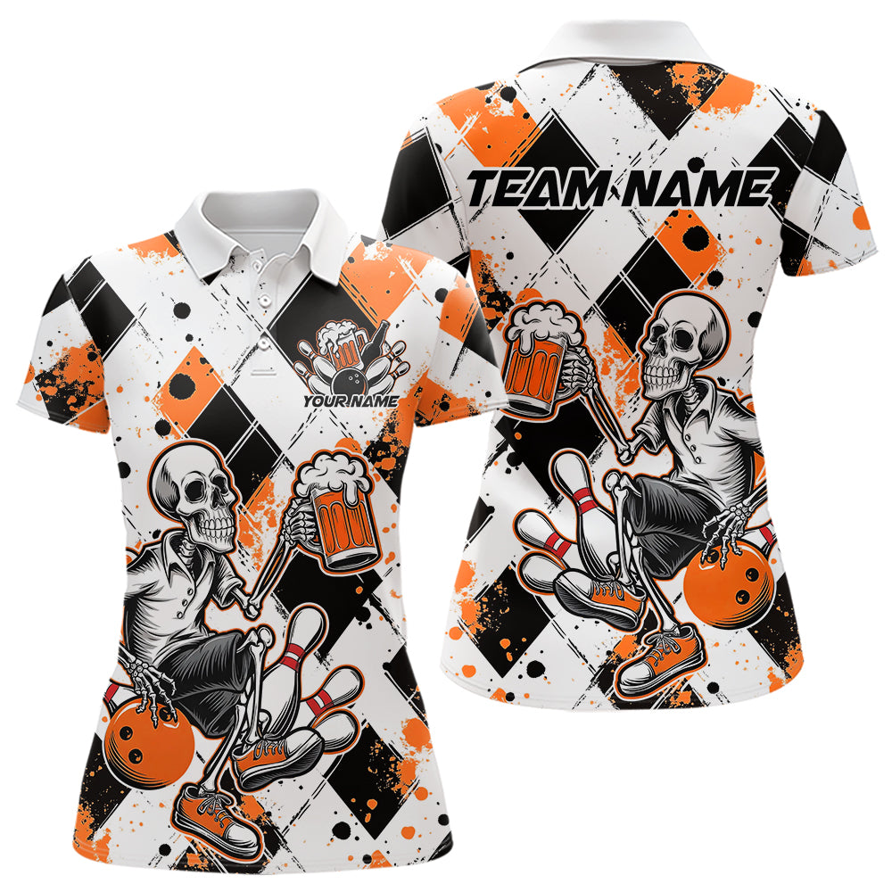 Custom Orange Argyle Pattern Funny Skeleton Bowling And Beer Women Polo Shirts, Team Outfit IPHW8893