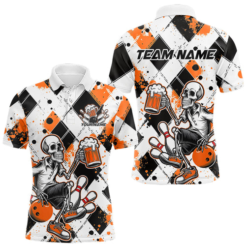 Custom Orange Argyle Pattern Funny Skeleton Bowling And Beer Men Polo Shirts, Team Outfit IPHW8893