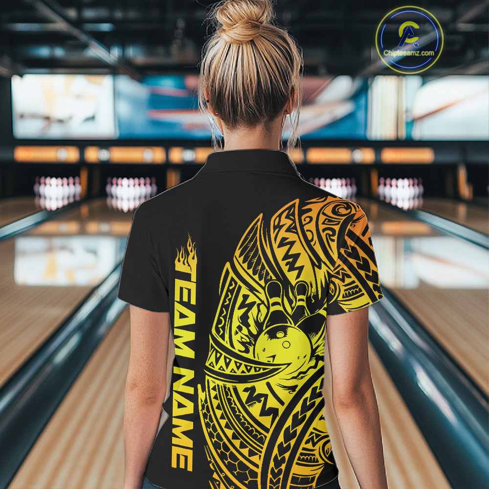 Back view of a female model in a black and gold bowling polo shirt featuring tribal-inspired bowling artwork.