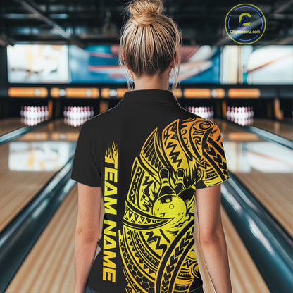 Back view of a female model in a black and gold bowling polo shirt featuring tribal-inspired bowling artwork.