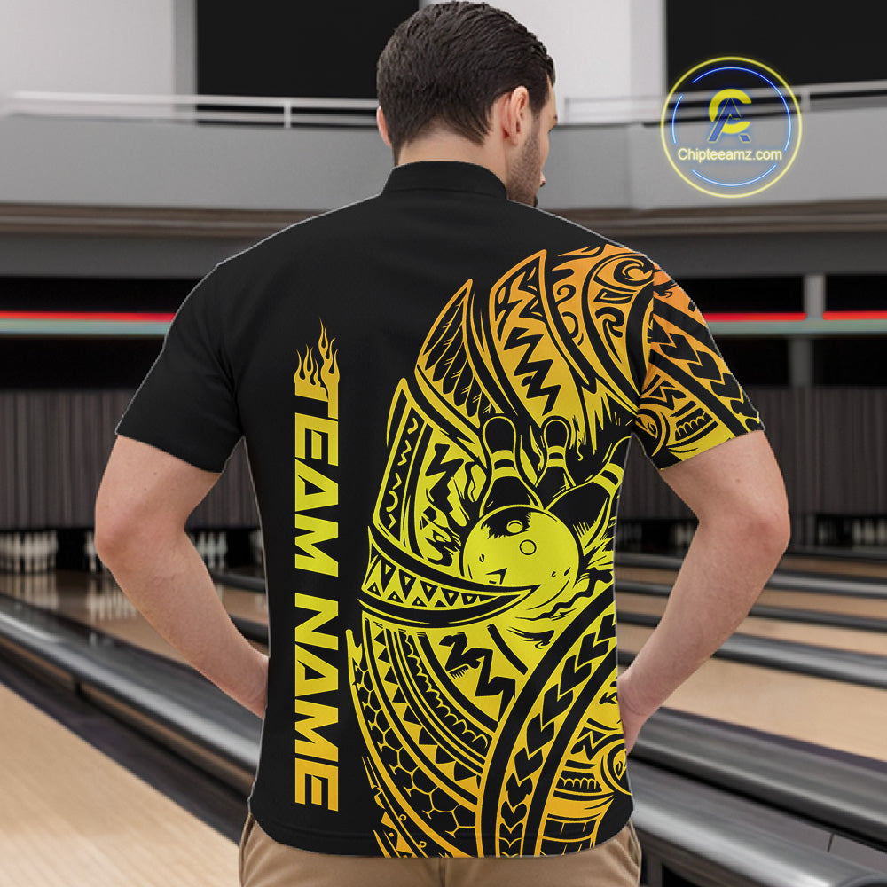 Front view of a male model in a black and gold bowling quarter-zip shirt showcasing tribal swirl bowling motifs.