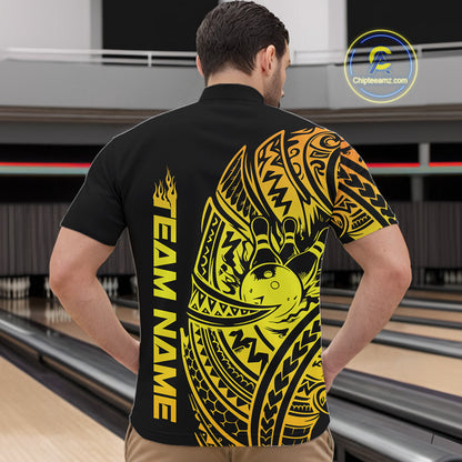Front view of a male model in a black and gold bowling quarter-zip shirt showcasing tribal swirl bowling motifs.
