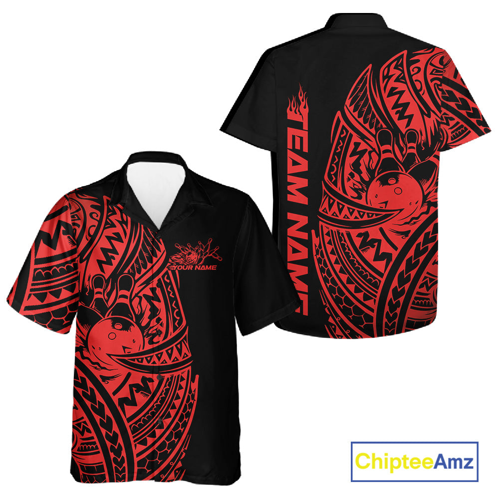 Front and back views of a black and red button-up bowling shirt featuring bowling graphics surrounded by bold tribal swirl accents.