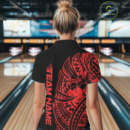 Back view of a female model in a black and red bowling polo shirt featuring tribal bowling artwork and bold swirl accents.