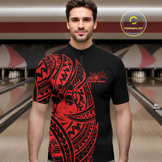 Male model wearing a black and red bowling quarter-zip shirt at the lane with Polynesian-style bowling motifs.