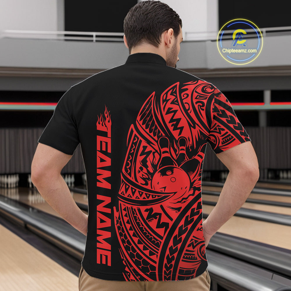 Front view of a male model in a black and red bowling quarter-zip shirt displaying tribal swirl bowling graphics.