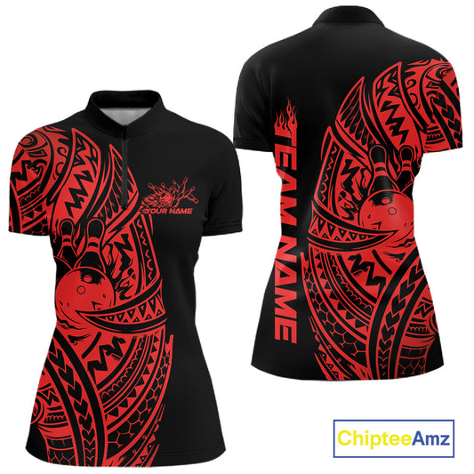 Front and back views of a black and red womens bowling quarter-zip shirt showcasing bowling pins and ball framed by bold tribal patterns.