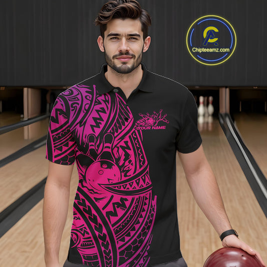 Male model wearing a black and pink bowling polo shirt at the bowling lane with Polynesian-inspired bowling artwork.