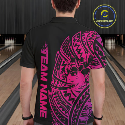 Back view of a male model in a black and pink bowling polo shirt displaying bold tribal swirl bowling graphics.