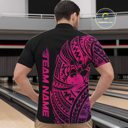 Front view of a male model in a black and pink bowling quarter-zip shirt showcasing bold tribal swirl bowling artwork.