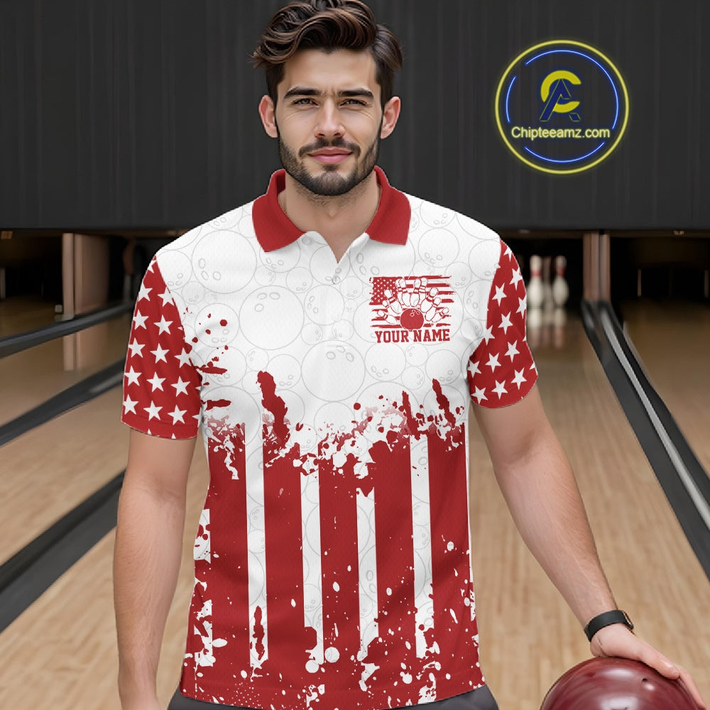Man wearing a red and white sports jersey with an American flag design on a bowling alley.