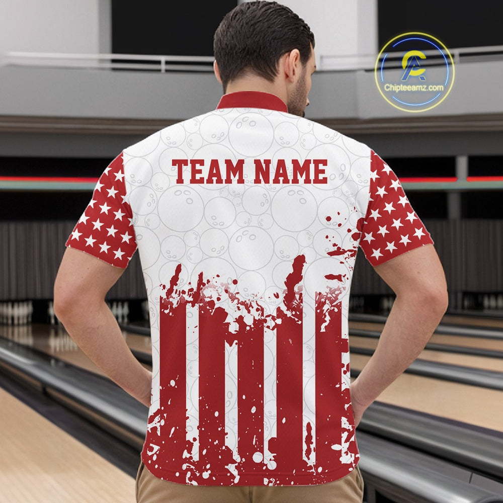 Male model wearing Custom Red American Flag Patriotic Bowling Men Quarter-Zip Shirt on a bowling lane