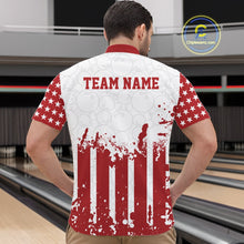 Load image into Gallery viewer, Male model wearing Custom Red American Flag Patriotic Bowling Men Quarter-Zip Shirt on a bowling lane