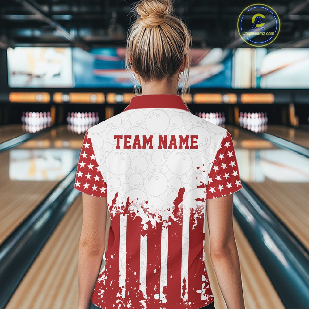 Custom red American flag patriotic women's bowling quarter-zip shirt featuring personalized team name template.