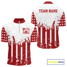 Load image into Gallery viewer, Custom Red American Flag Patriotic Bowling Jersey showing front and back design layout