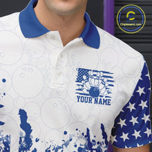 Load image into Gallery viewer, White polo shirt with blue accents and bowling graphic, featuring 'Your Name' text, on a person.