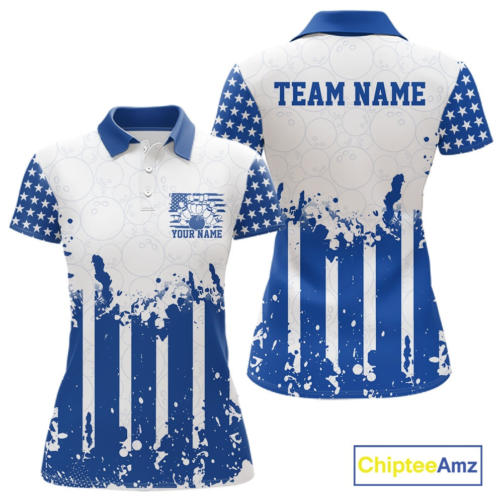 White polo shirt with blue accents and American flag design, personalized with 'Your Name' and 'Team Name'. Brand 'Chiptee Amz' visible.