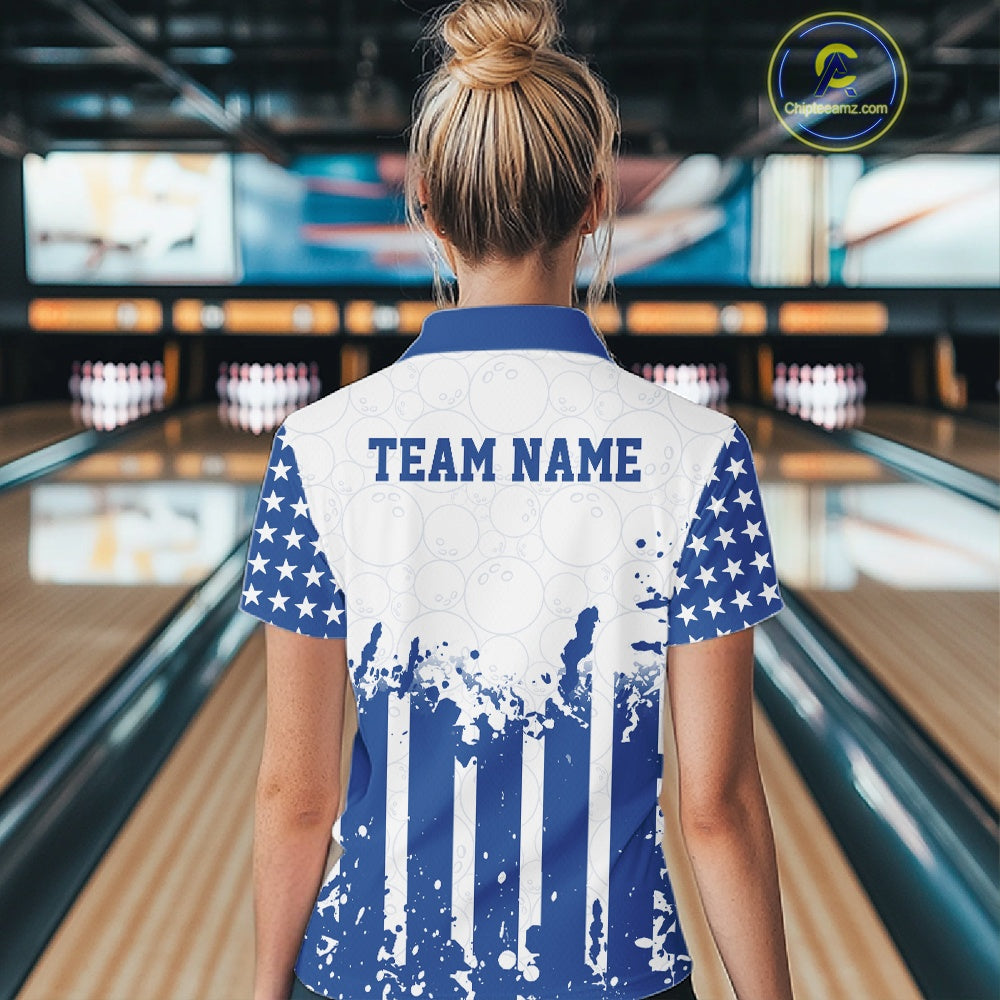 Women wearing a blue and white US Flag bowling shirt with 'TEAM NAME' text in a bowling alley. 