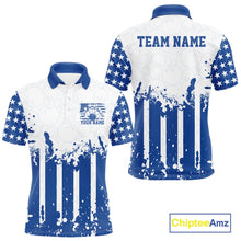 Load image into Gallery viewer, White and blue polo shirt with American flag design and customizable text, featuring Chiptee Amz branding.
