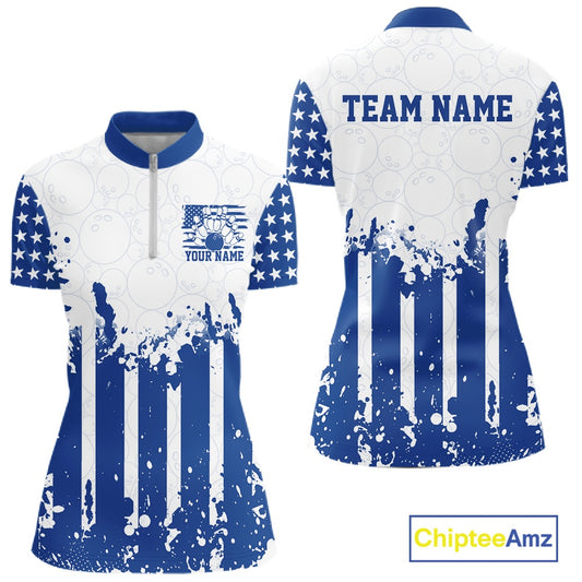 Front and back product preview of a custom blue patriotic stars and stripes women's bowling jersey.