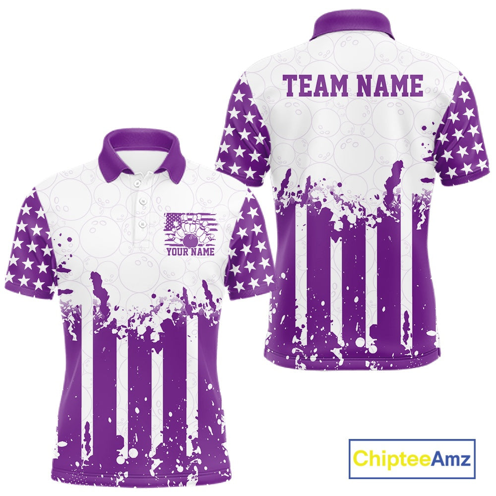 Customizable white and purple patriotic men's bowling polo shirts showing the front and back views with a distressed American flag and a "TEAM NAME" text template on a white background.