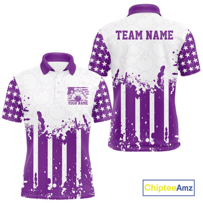 Customizable white and purple patriotic men's bowling polo shirts showing the front and back views with a distressed American flag and a "TEAM NAME" text template on a white background.