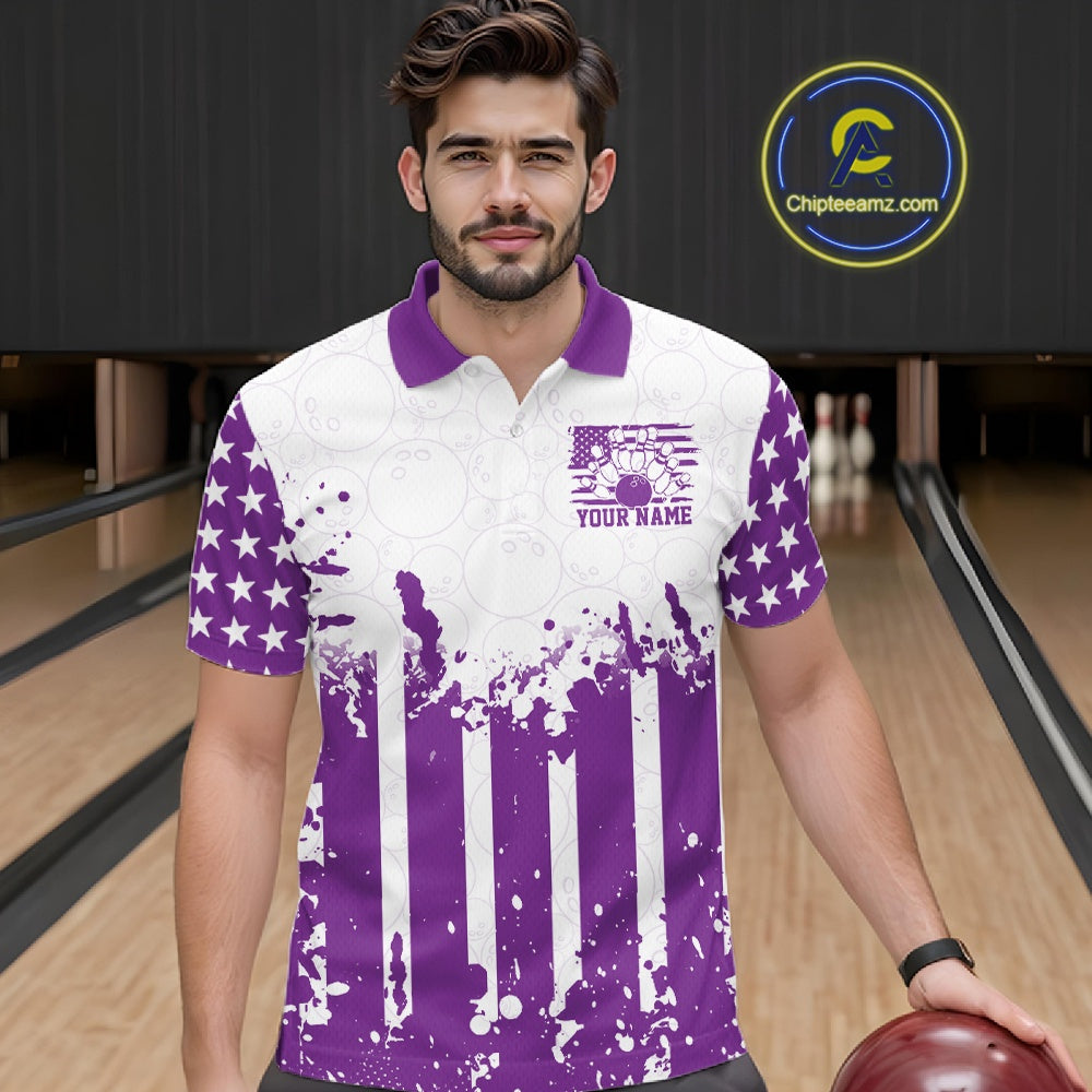 Male bowler posing on a lane wearing a personalized purple US flag performance bowling polo team shirt.