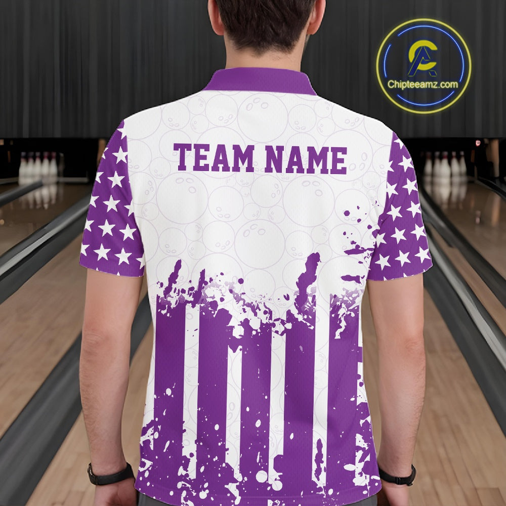 Male model showcasing the back design of a custom purple and white patriotic stars and stripes men's bowling polo shirt with a customizable "TEAM NAME" text template inside a bowling alley.