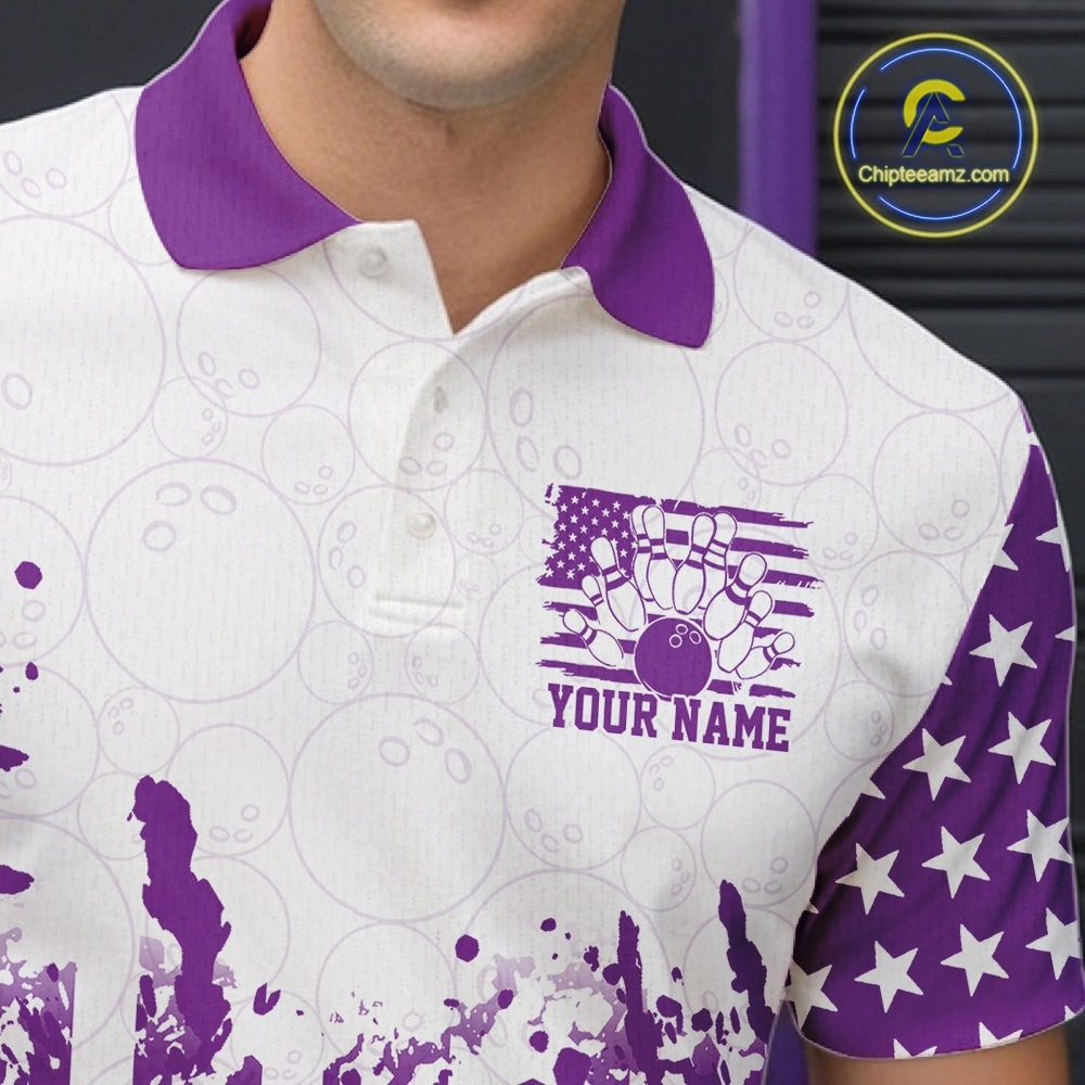 A close-up of a man wearing a custom white and purple patriotic men's bowling polo shirt featuring a distressed American flag with bowling pins and a customizable "YOUR NAME" text template on the front.