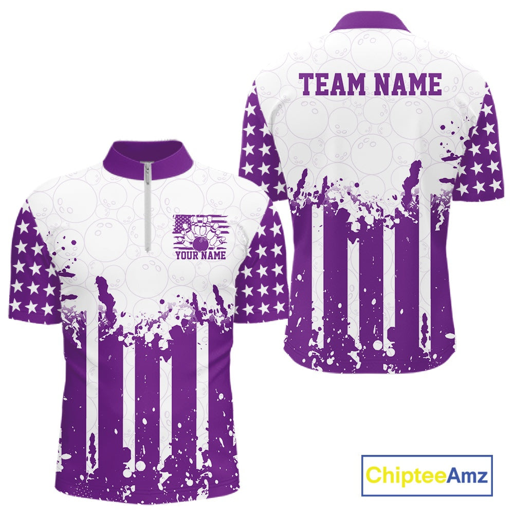 
Customizable white and purple patriotic men's bowling quarter-zip shirts showing the front and back views with a distressed American flag and a "TEAM NAME" text template on a white background.