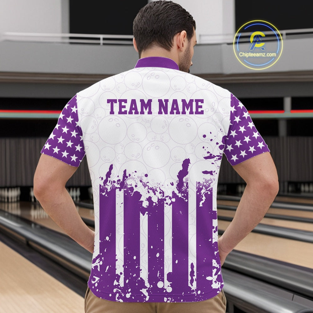 Male model showcasing the back design of a custom purple and white patriotic stars and stripes men's bowling polo shirt with a customizable "TEAM NAME" text template inside a bowling alley.