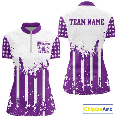 Purple and white stars and stripes women's quarter-zip bowling shirts showing front and back views.