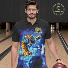 Load image into Gallery viewer, Custom Blue Fire Flame Tiger Bowling Team Polo Shirts For Men, Tiger Bowling Jerseys IPHW9480