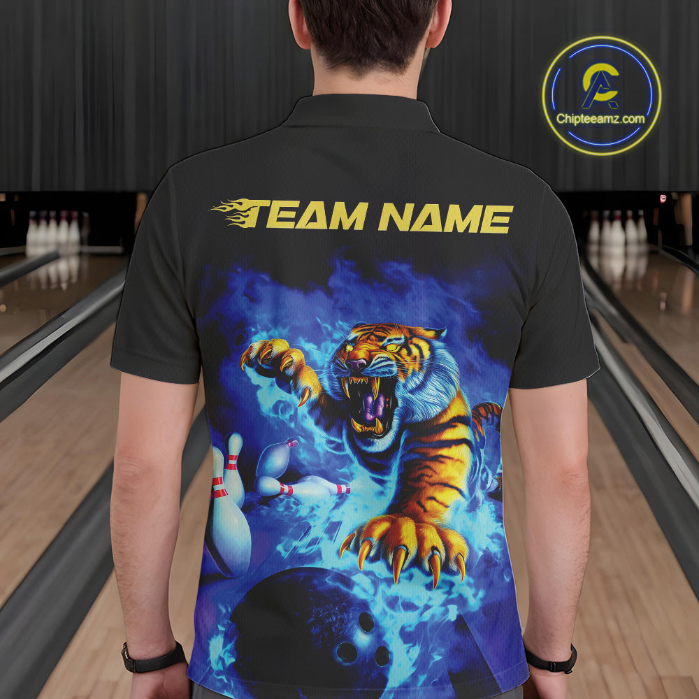 Custom Blue Fire Flame Tiger Bowling Team Polo Shirts For Men, Tiger Bowling Jerseys IPHW9480