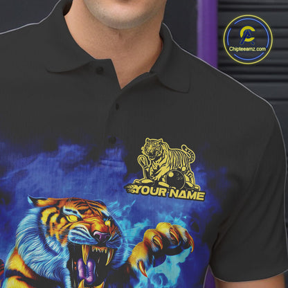 Custom Blue Fire Flame Tiger Bowling Team Polo Shirts For Men, Tiger Bowling Jerseys IPHW9480