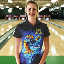 Load image into Gallery viewer, Custom Blue Fire Flame Tiger Bowling Team Polo Shirts For Women, Tiger Bowling Jerseys IPHW9480