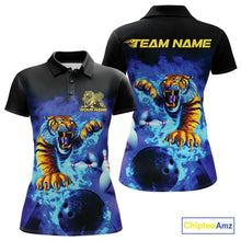 Load image into Gallery viewer, Custom Blue Fire Flame Tiger Bowling Team Polo Shirts For Women, Tiger Bowling Jerseys IPHW9480