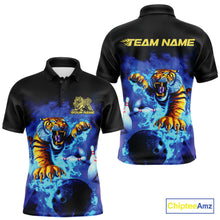 Load image into Gallery viewer, Custom Blue Fire Flame Tiger Bowling Team Polo Shirts For Men, Tiger Bowling Jerseys IPHW9480