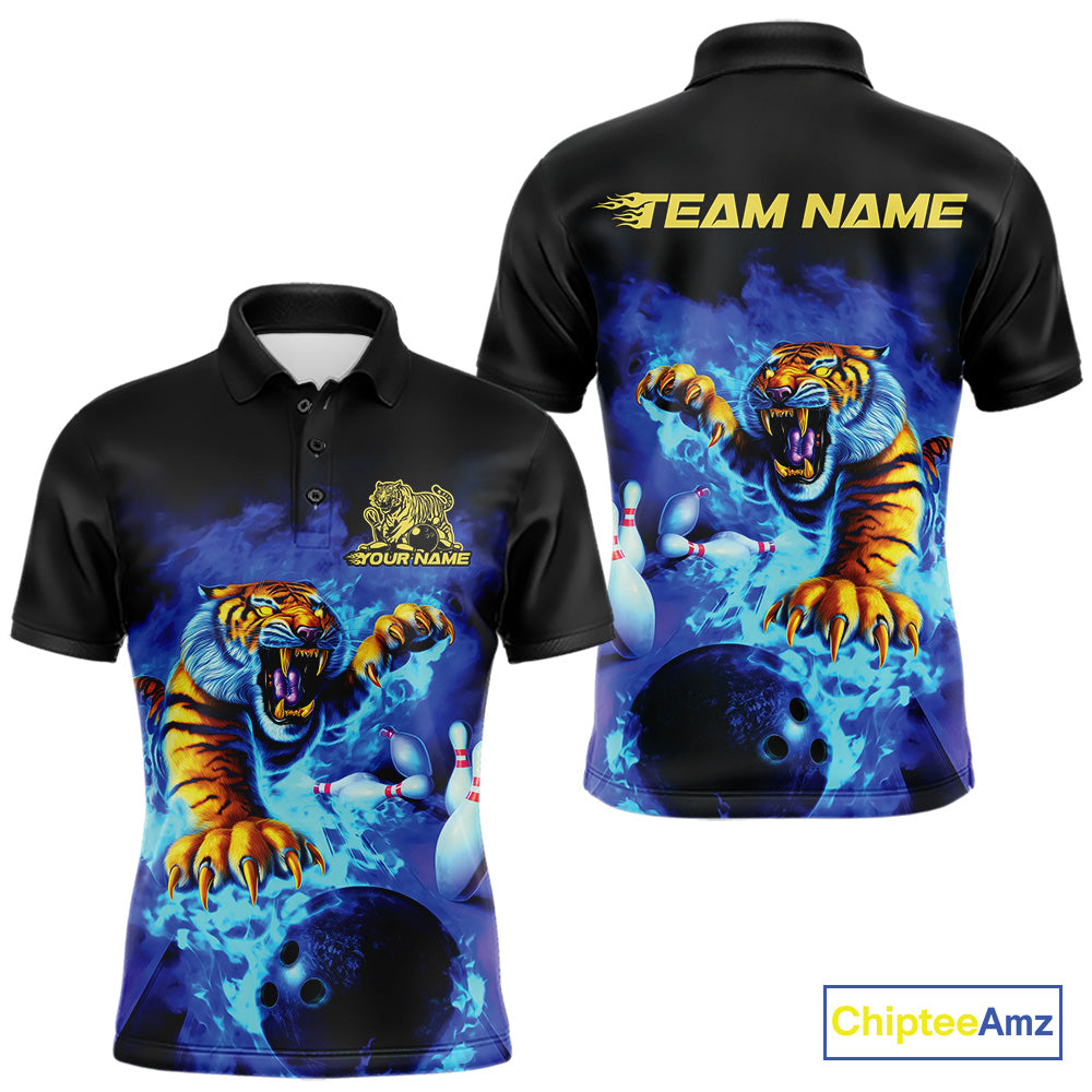Custom Blue Fire Flame Tiger Bowling Team Polo Shirts For Men, Tiger Bowling Jerseys IPHW9480