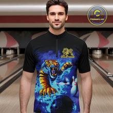 Load image into Gallery viewer, Custom Blue Fire Flame Tiger Bowling Team Quarter-Zip Shirts For Men, Tiger Bowling Jerseys IPHW9480