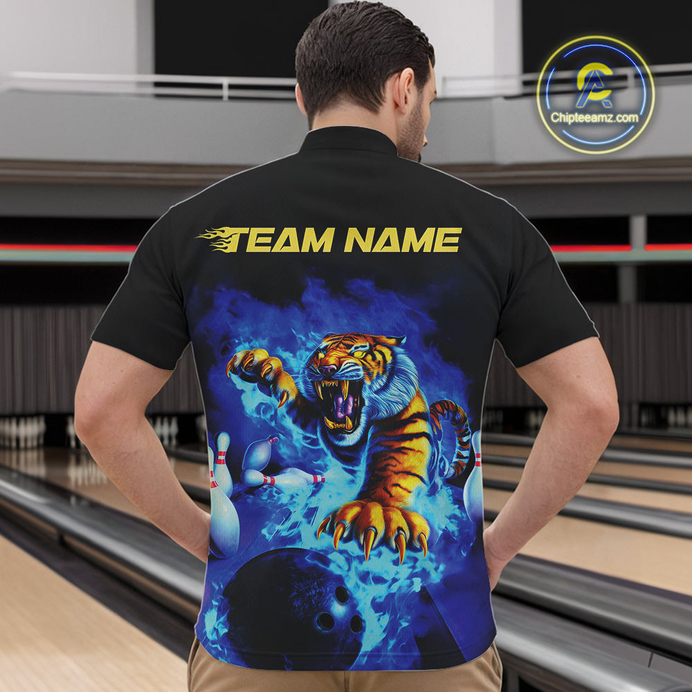 Custom Blue Fire Flame Tiger Bowling Team Quarter-Zip Shirts For Men, Tiger Bowling Jerseys IPHW9480