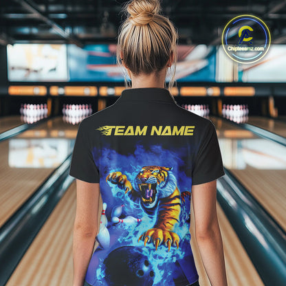 Custom Blue Fire Flame Tiger Bowling Team Women Quarter-Zip Shirts, Tiger Bowling Jerseys IPHW9480