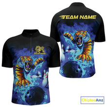 Load image into Gallery viewer, Custom Blue Fire Flame Tiger Bowling Team Quarter-Zip Shirts For Men, Tiger Bowling Jerseys IPHW9480