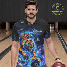 Load image into Gallery viewer, Custom Blue Fire Flame Tiger Bowling Team Polo Shirts For Men, Tiger Bowling Jerseys IPHW9481
